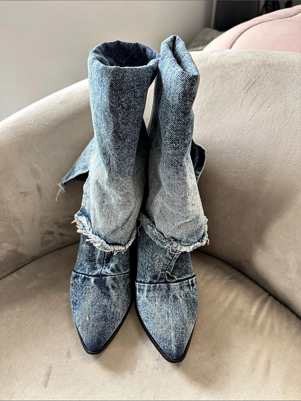Denim Pointed-Toe Heeled Boots in Blue